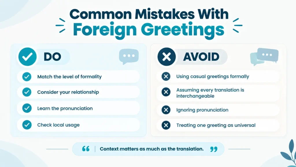 Do and avoid guide for using foreign greetings in formal, casual, and cultural situations