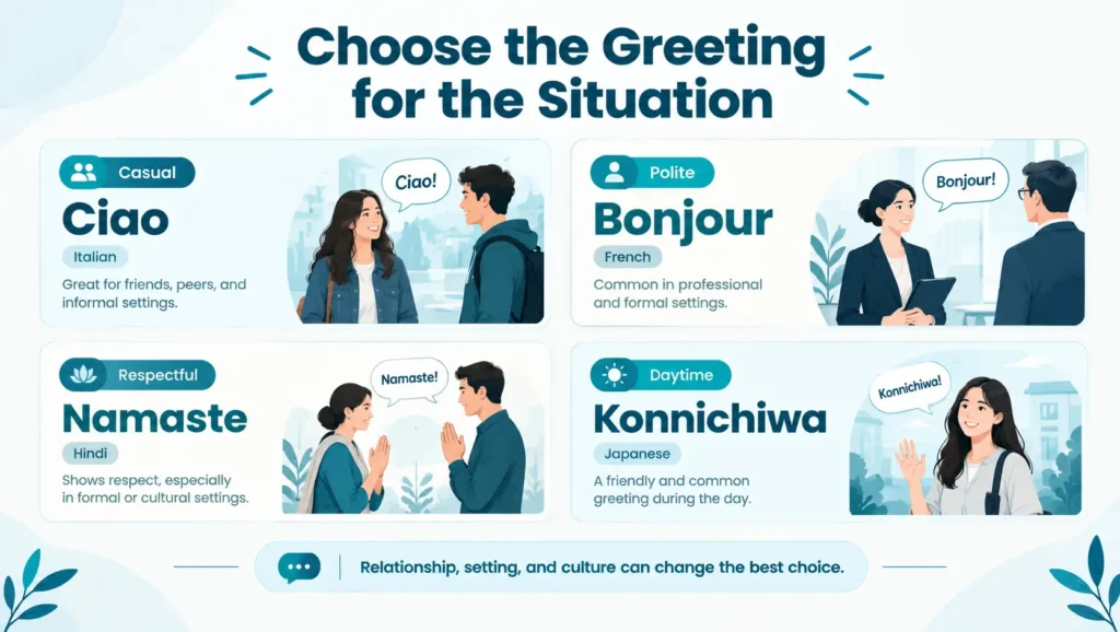 Contextual examples showing casual, polite, respectful, and daytime greetings in different languages