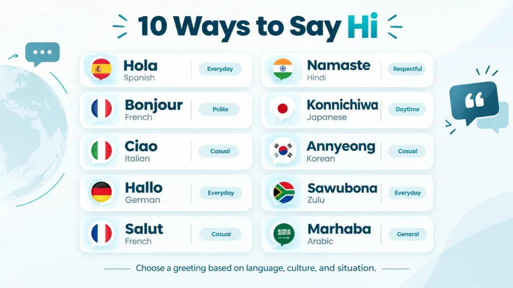 Quick reference showing ways to say hi in Spanish, French, Italian, German, Hindi, Japanese, Korean, Zulu, and Arabic
