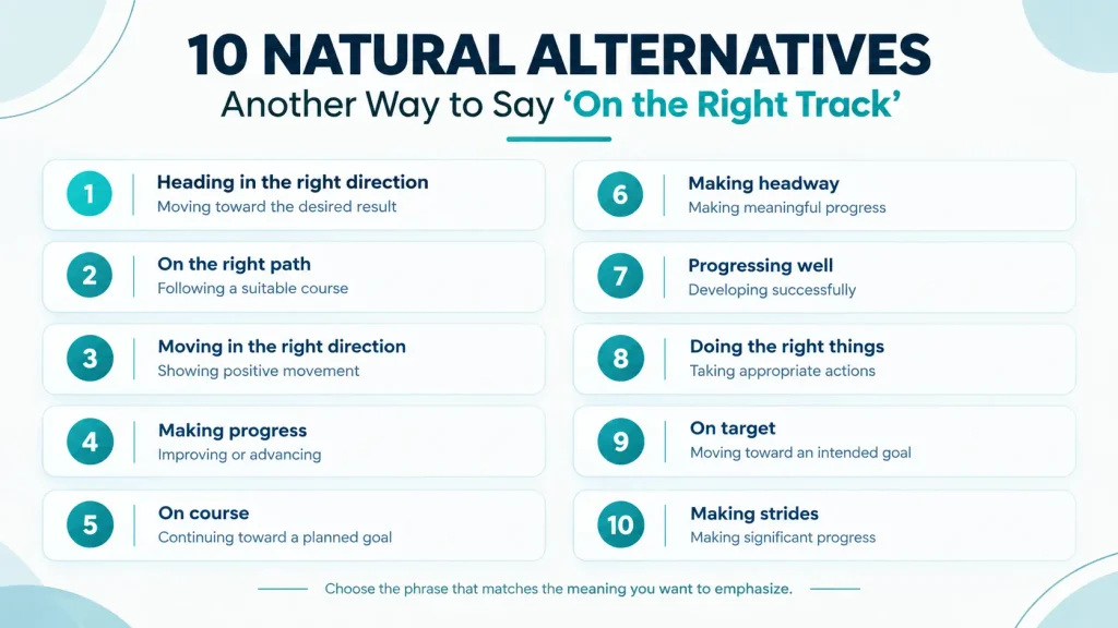Quick reference infographic showing 10 natural alternatives to on the right track and their main meanings