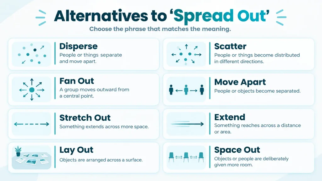 Quick reference chart comparing natural alternatives to spread out including disperse, scatter, fan out, extend, and space out