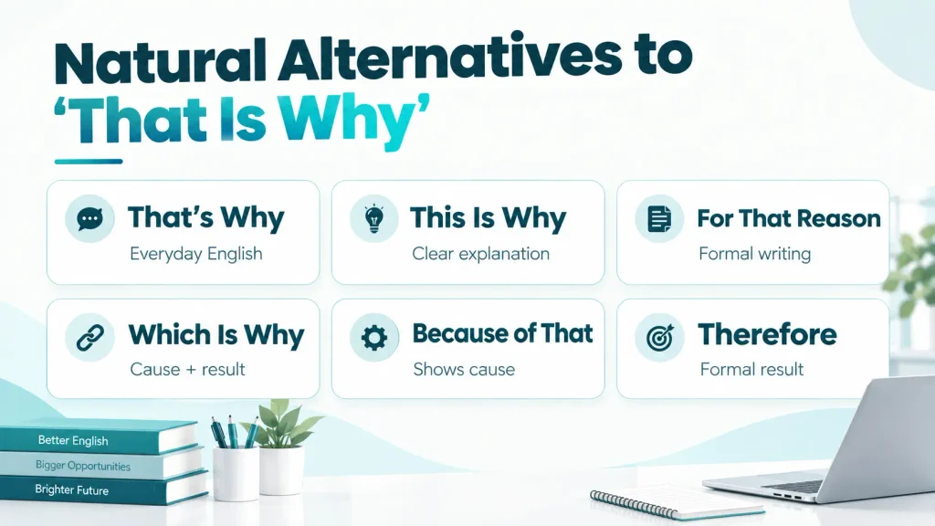 Quick reference showing natural alternatives to “that is why” for everyday and formal English
