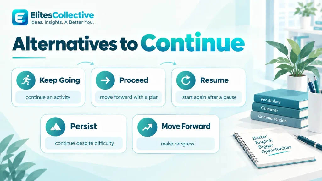 Quick reference chart showing natural alternatives to continue, including keep going, proceed, resume, persist, and move forward