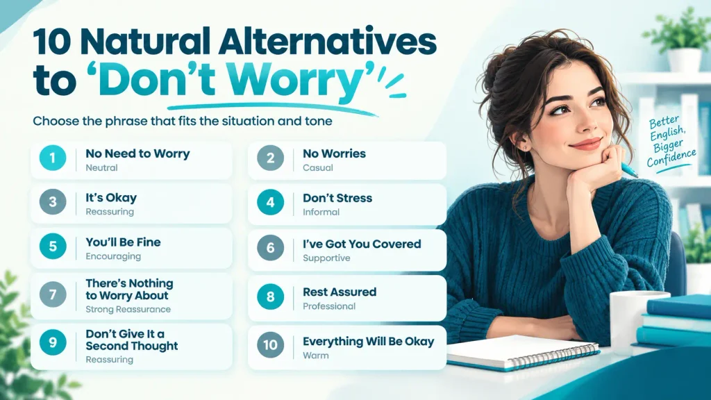 Comparison guide showing natural alternatives to “don’t worry” and when to use each phrase