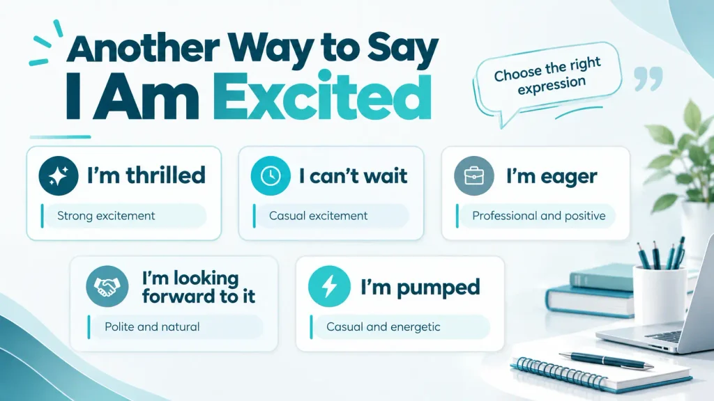 Quick reference guide showing natural alternatives to say I am excited in different tones