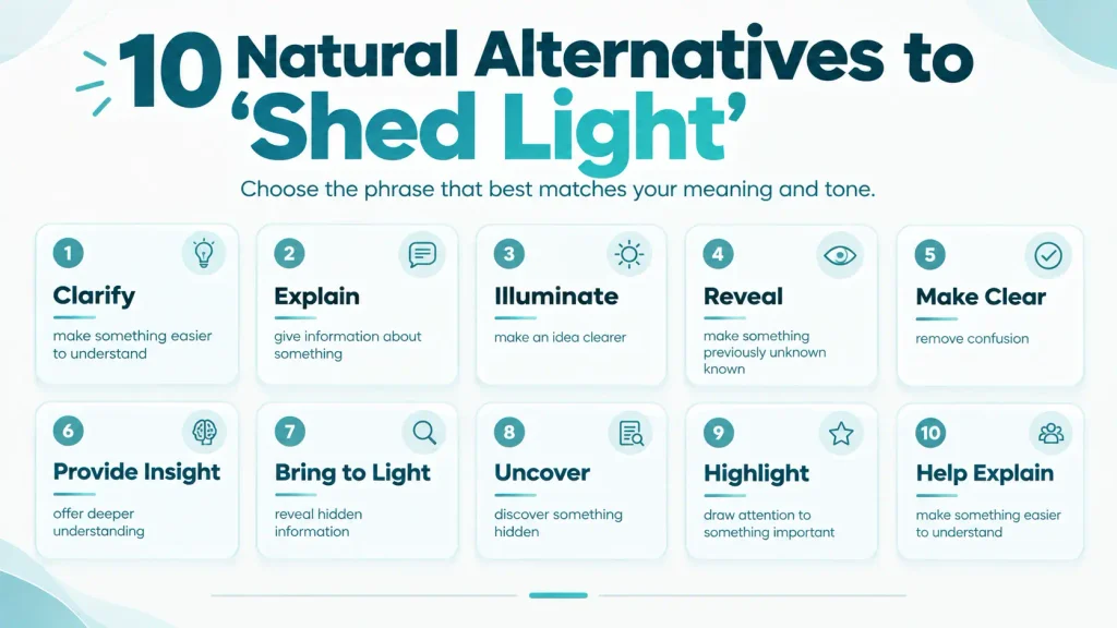 “Comparison chart showing natural alternatives to shed light, including clarify, explain, reveal, illuminate, and provide insight”
