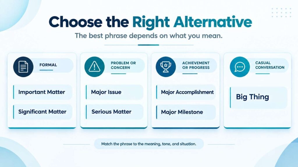 Context guide showing which alternatives to “big deal” fit formal, achievement, problem, and casual situations