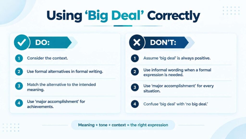 Dos and don’ts for using “big deal” correctly in formal, casual, and contextual English