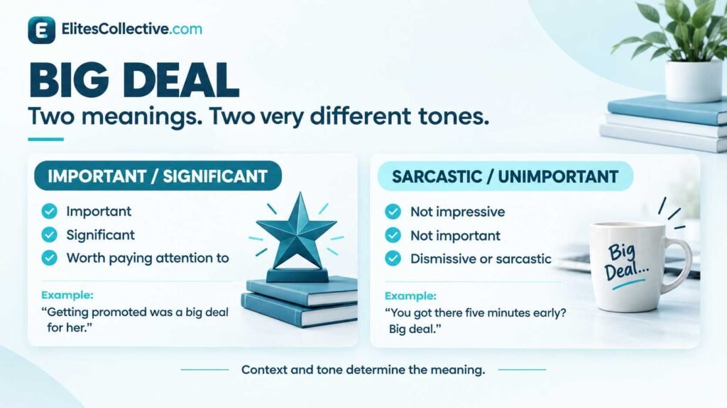 Infographic showing the two meanings of “big deal” as important and sarcastic
