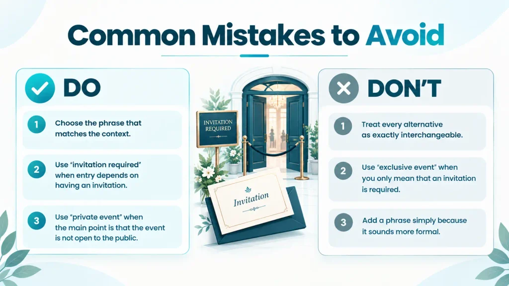 Common mistakes when using by invitation only and related phrases