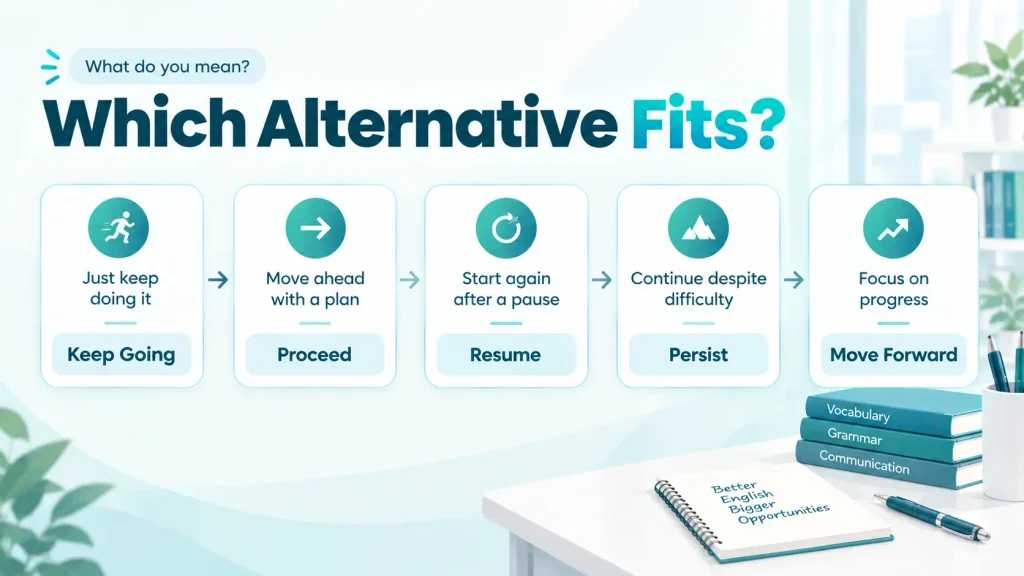 Decision guide showing when to use keep going, proceed, resume, persist, and move forward instead of continue
