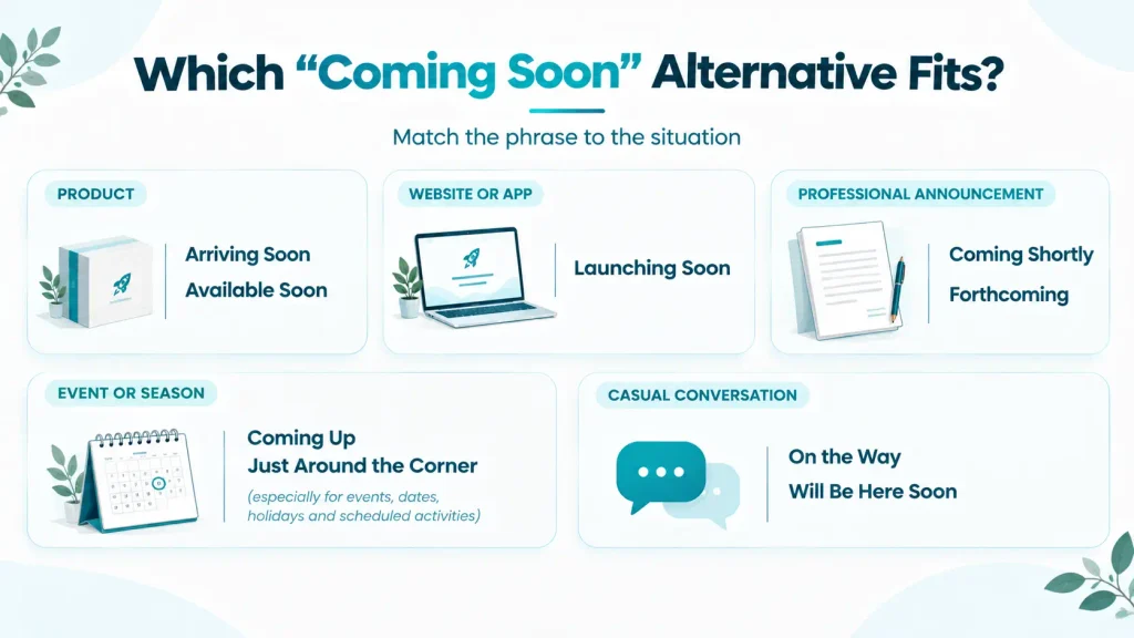 Context guide showing which alternative to “coming soon” fits products, websites, events, professional announcements, and casual conversation.