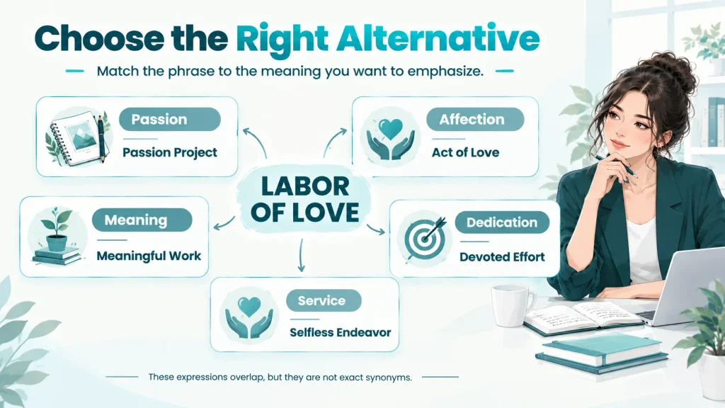 Context guide showing how to choose alternatives to “labor of love” based on passion, affection, meaning, dedication, or service.