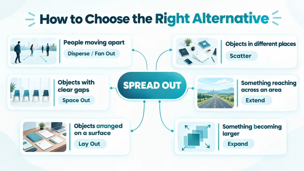 Context guide showing when to use disperse, fan out, space out, lay out, extend, or expand instead of spread out