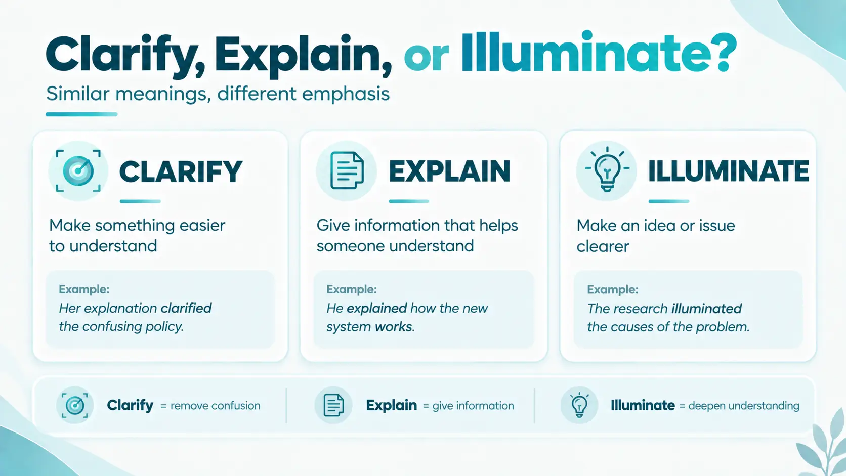 “Visual comparison of clarify, explain, and illuminate showing how each phrase helps make an idea easier to understand”
