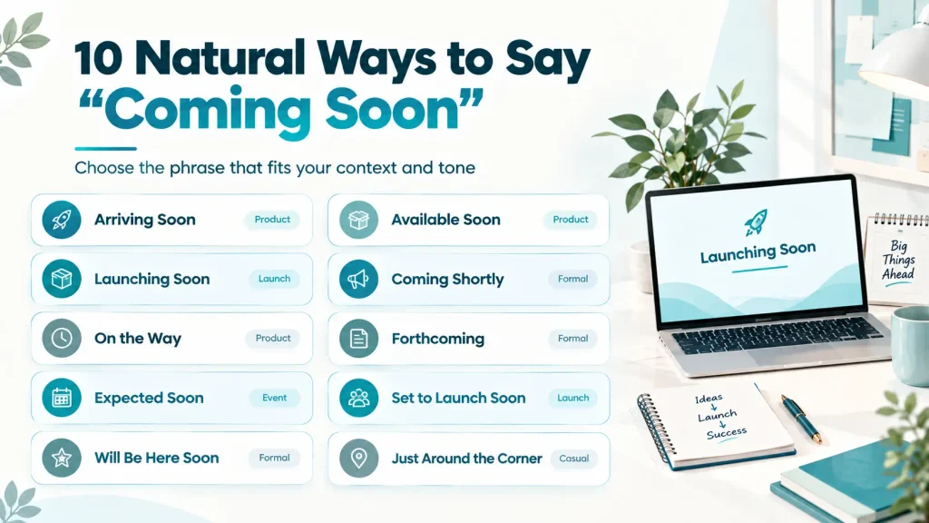 Quick-reference guide showing natural alternatives to “coming soon,” including arriving soon, available soon, and launching soon.