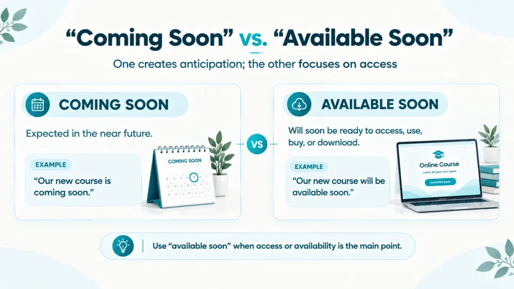 Visual comparison explaining how “coming soon” differs from “available soon” for products, courses, services, apps, and content.