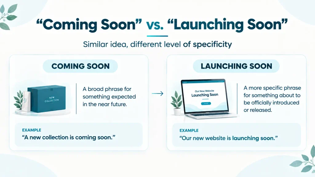 Comparison showing the difference between “coming soon” and “launching soon” for upcoming products, websites, apps, and releases.