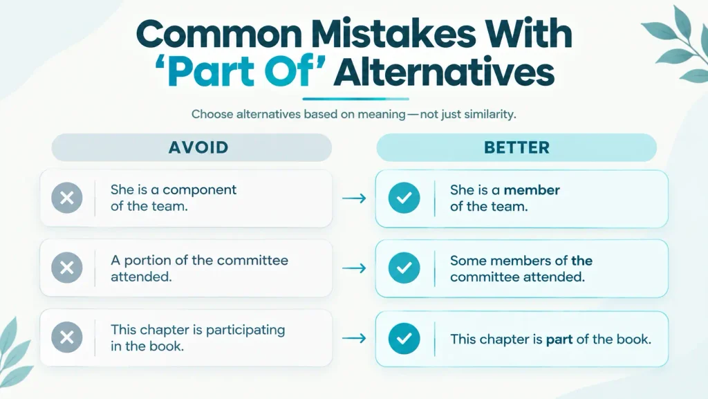 Do and don’t guide showing common mistakes when replacing “part of” with component, portion, or participation expressions.
