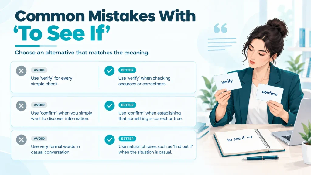 Common mistakes when replacing “to see if,” including confusing check, verify, confirm, and find out