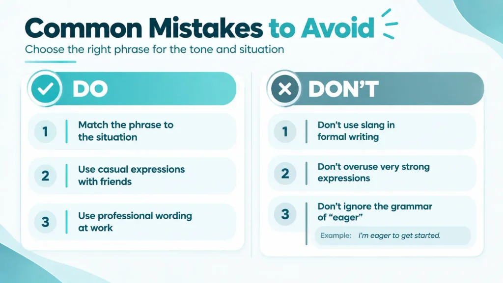 Common mistakes to avoid when choosing alternatives to say I am excited in English