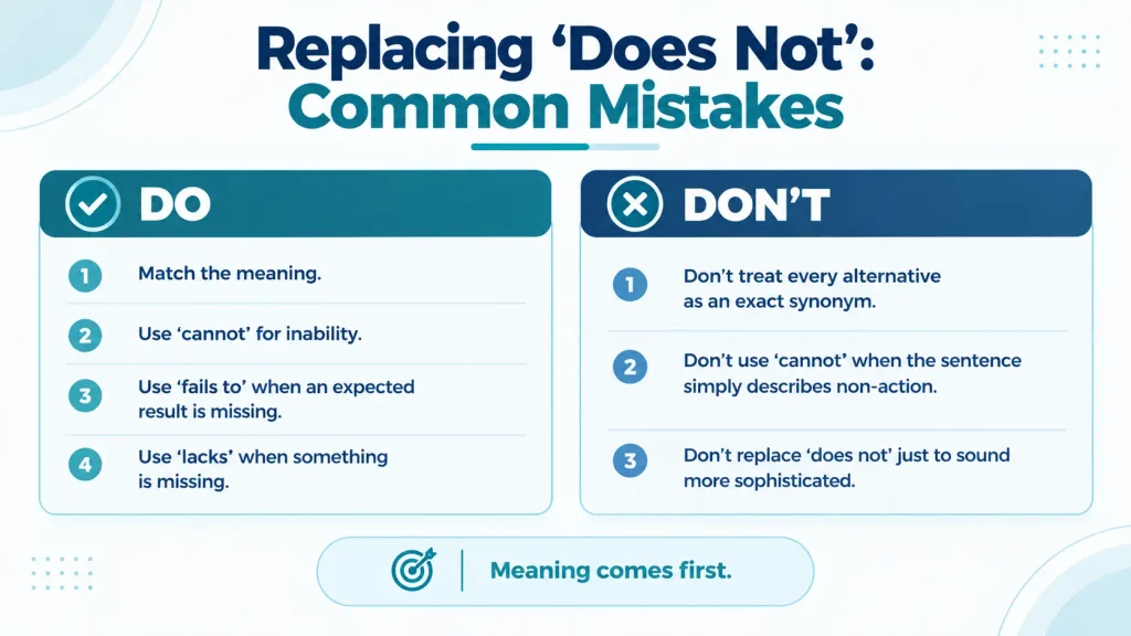 Do and don't guide showing common mistakes when replacing does not with other English expressions