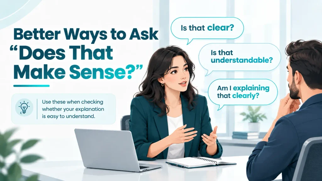 Examples of natural alternatives to “Does that make sense?” including “Is that clear?” and “Am I explaining that clearly?”