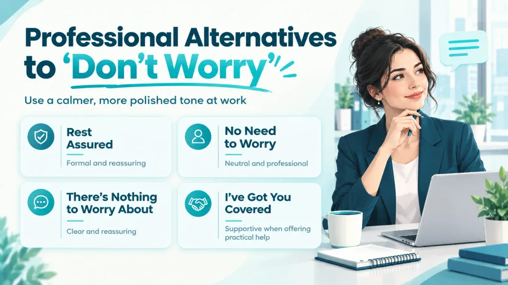 Guide showing alternatives to “don’t worry” for apologies, nervousness, professional emails, and offering help