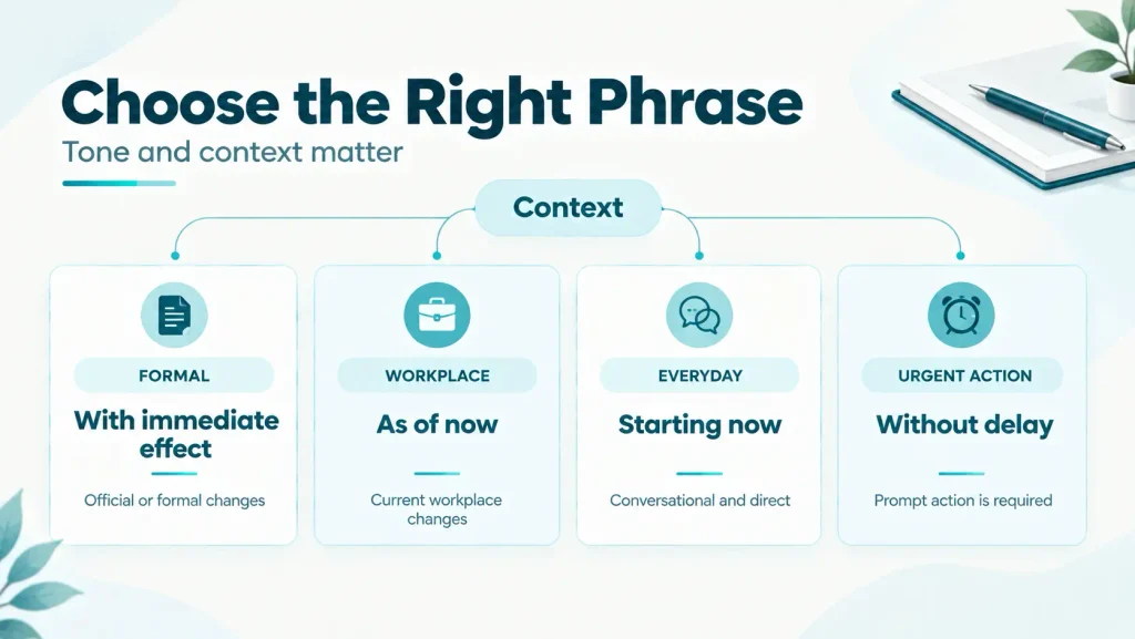 Comparison of effective immediately alternatives for formal, workplace, everyday, and urgent communication.