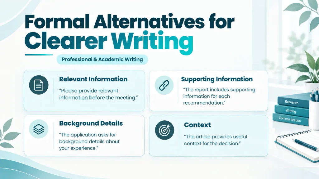 Formal writing guide showing professional alternatives to background information