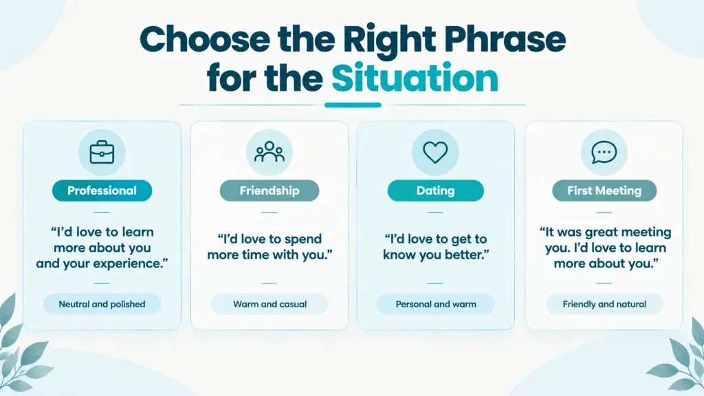 Contextual guide showing phrases for professional, friendly, romantic, and first-meeting situations