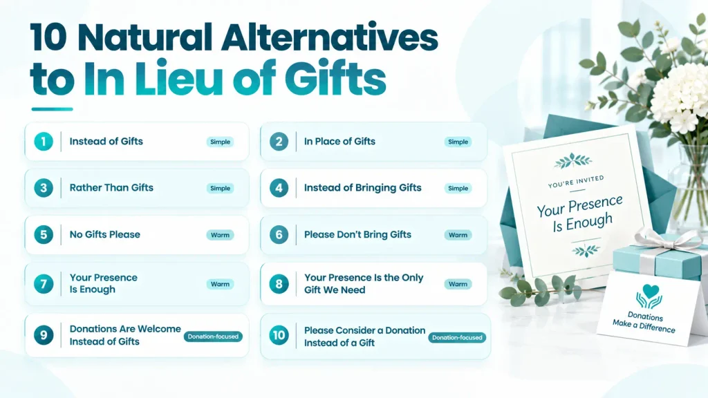 Quick-reference chart showing natural alternatives to “in lieu of gifts” for invitations and celebrations.