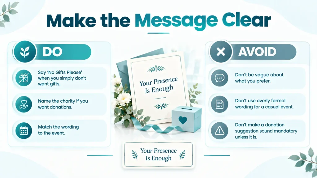 Dos and don’ts for using no-gift and donation wording on invitations.