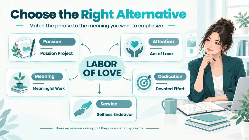 Do and don’t guide showing common mistakes when replacing “labor of love” with context-dependent alternatives.