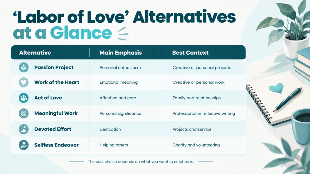 Comparison chart showing the tone and best contexts for alternatives to “labor of love.”
