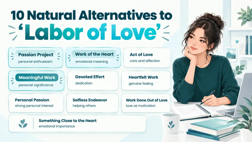 Quick-reference chart showing natural alternatives to “labor of love,” including passion project and meaningful work.