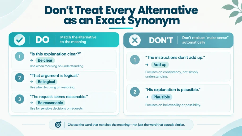 Do and don’t guide showing common mistakes when replacing “make sense” with logical, reasonable, or add up