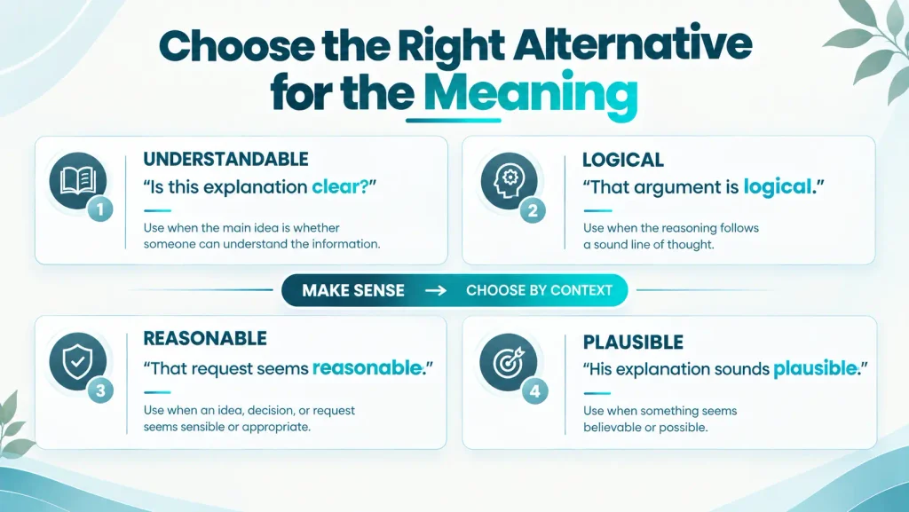 Contextual guide showing which alternatives to “make sense” fit clarity, logic, reasonableness, and believability