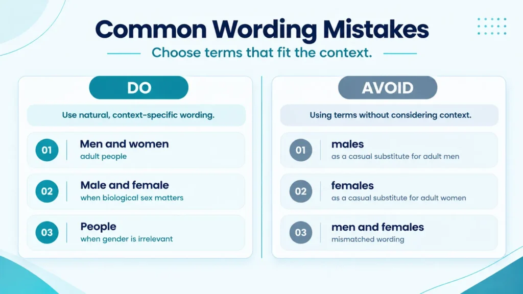 Common language mistakes when using male female men and women in English