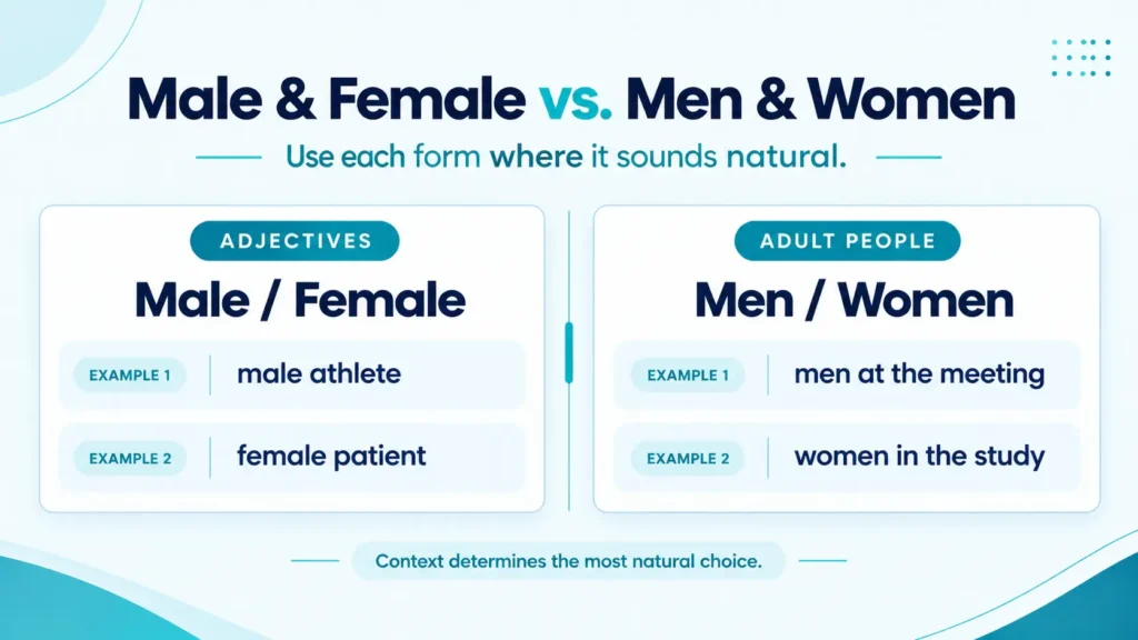 Usage guide comparing male and female with men and women in natural English