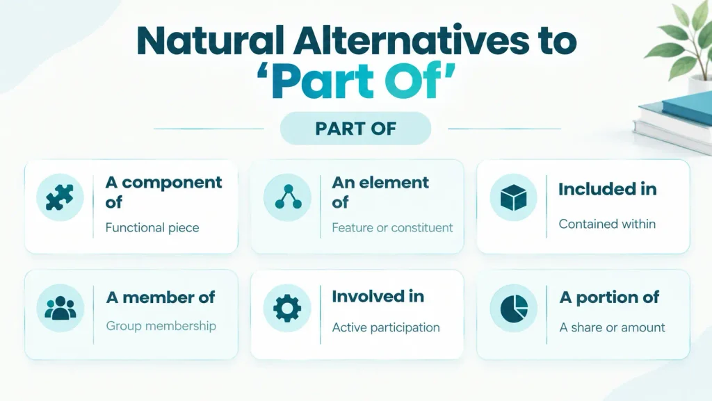 Quick-reference chart showing natural alternatives to “part of,” including component of, element of, included in, member of, and involved in.