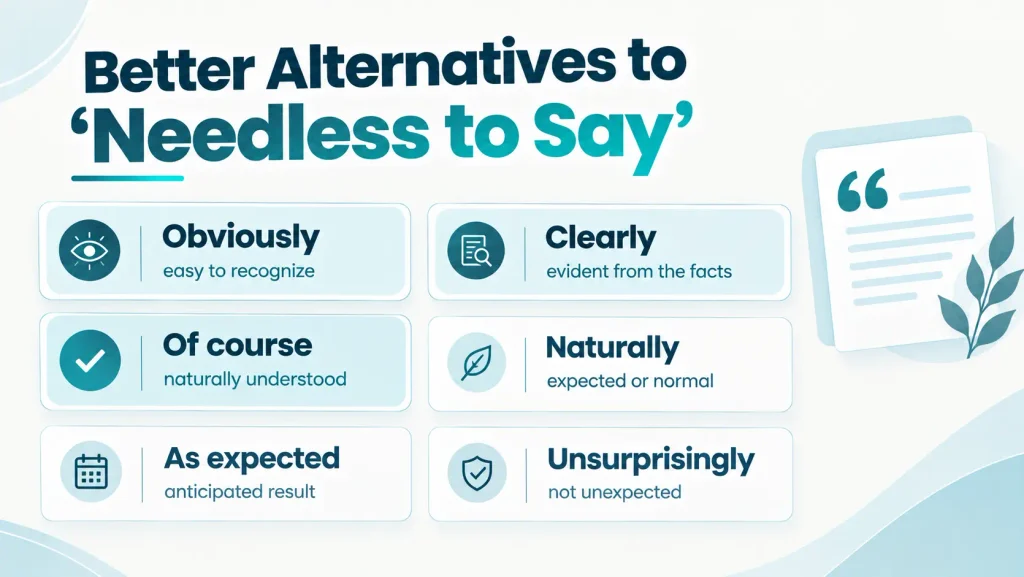 Common alternatives to needless to say including obviously, clearly, of course, naturally, and as expected