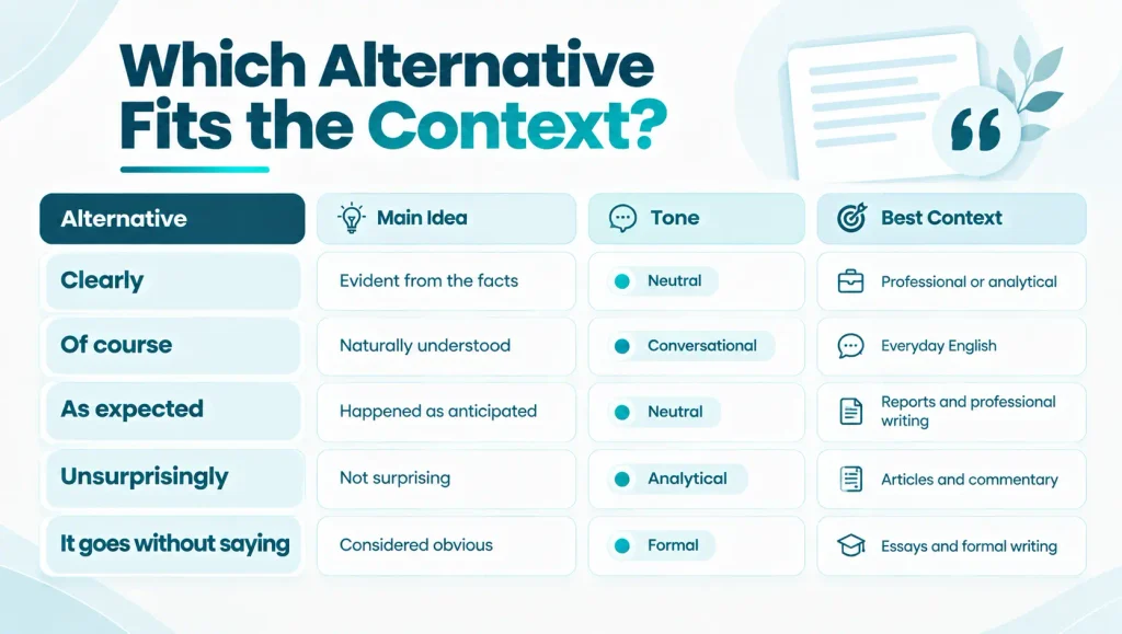 Comparison chart showing the tone and context of alternatives to needless to say