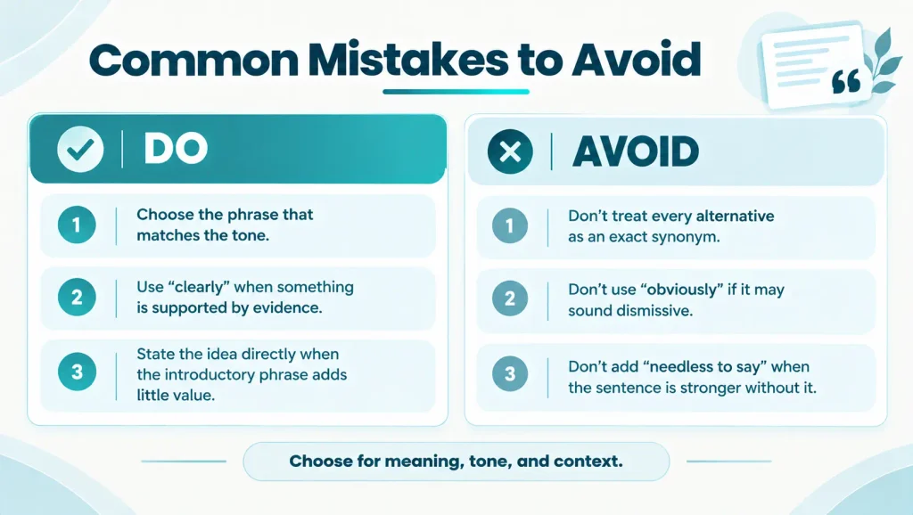 Do and avoid guide showing common mistakes when replacing needless to say in English writing