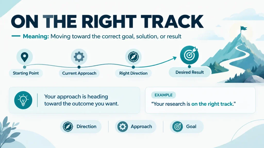 Infographic explaining the meaning of on the right track as moving toward the correct goal or result