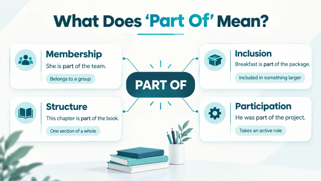 Visual guide explaining the different meanings and contexts of “part of,” including membership, inclusion, structure, and participation.