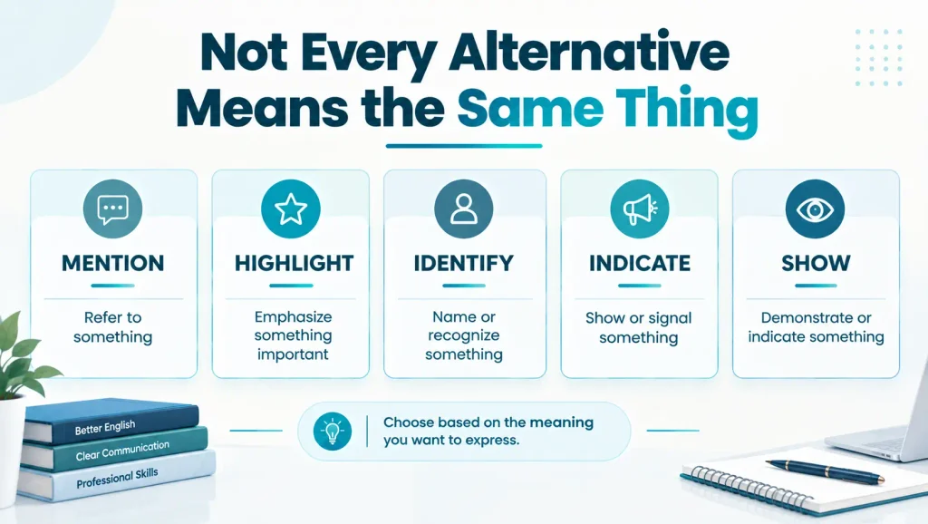 Comparison of point out alternatives by meaning including mention highlight identify and indicate