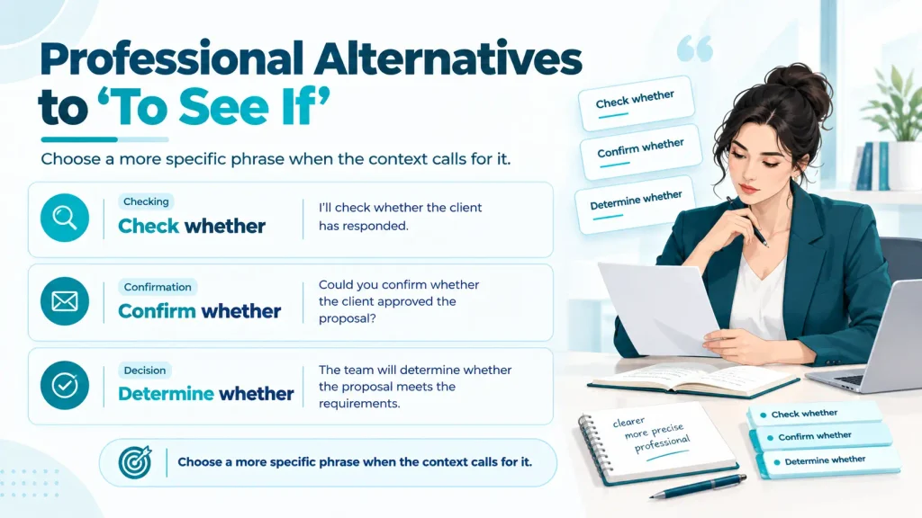 Professional alternatives to “to see if” showing check whether, confirm whether, and determine whether in workplace examples