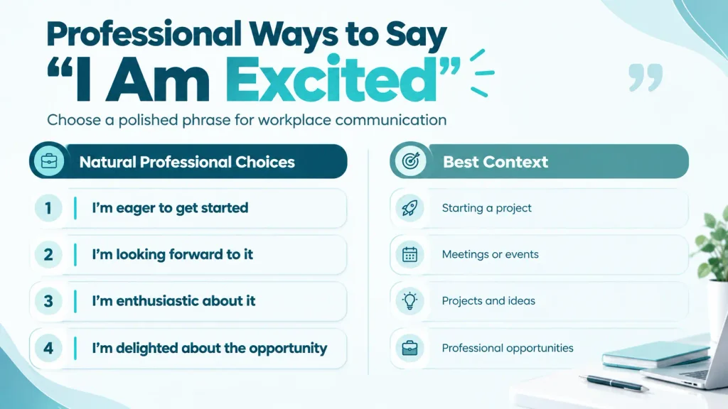 Professional alternatives to say I am excited for workplace and formal communication