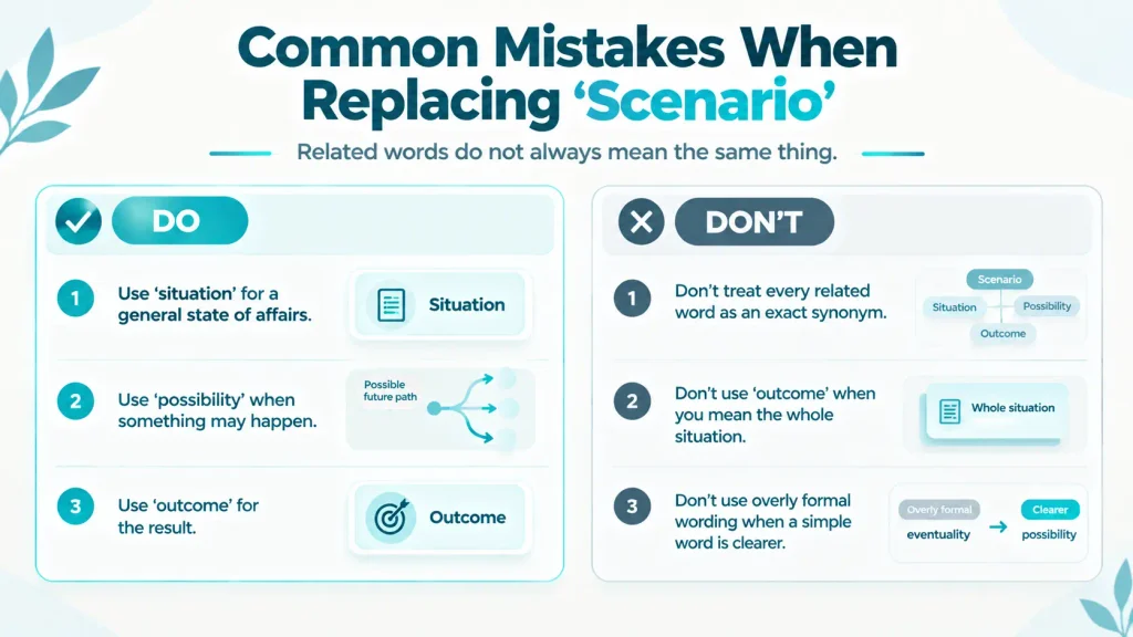 Do and don't guide showing common mistakes when replacing scenario with related words